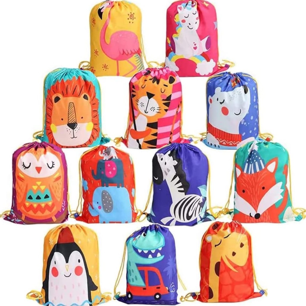 12 PCS Kids Party Favor Bags for bday Drawstring Goody Bag with Cartoon Animal